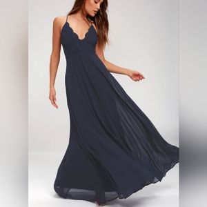 Lulu's Navy Blue Lace Bodice V Neck Floor Length Maxi Dress sz small semiformal